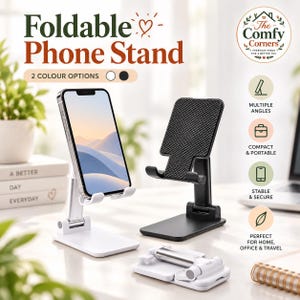 May include: A foldable phone stand available in white and black. The stand features an adjustable arm, a base, and a cradle with a textured surface. One white stand holds a smartphone, one black stand is empty, and one white stand is folded flat.