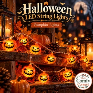 Könnte beinhalten: Eine LED-Lichterkette mit orangefarbenen, kürbisförmigen Lichtern mit geschnitzten Gesichtern. Der Text "Halloween LED String Lights" und "Pumpkin Lights" ist oben zu sehen. Die Lichter sind auf einer Holzoberfläche mit Herbstblättern angeordnet.