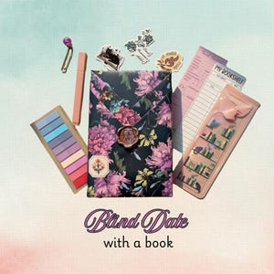 May include: A wrapped book with a floral pattern and wax seal, accompanied by a pink highlighter, a set of colorful sticky notes, a bookshelf bookmark, a book review card, and three small stickers. The text reads Blind Date with a book.