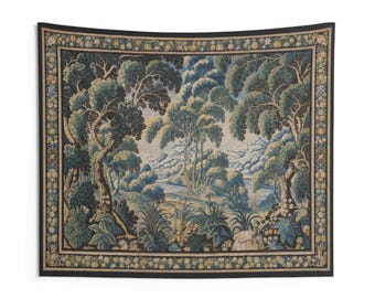 May include: A rectangular wall tapestry featuring a landscape scene with dense trees, lush foliage, and rolling hills in shades of blue, green, and cream. The central image is enclosed by a decorative border of repeating floral patterns.
