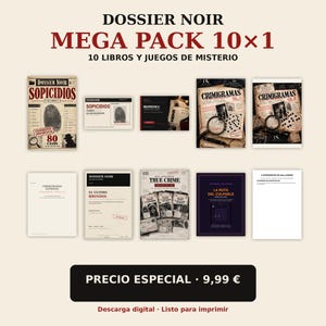 Puede incluir: Una colección de diez libros y juegos de misterio titulada Dossier Noir Mega Pack 10x1. El conjunto incluye varios folletos, expedientes de casos y hojas de actividades con títulos como Sopicidios, Crimigramas, Murdoku y La Ruta del Culpable.