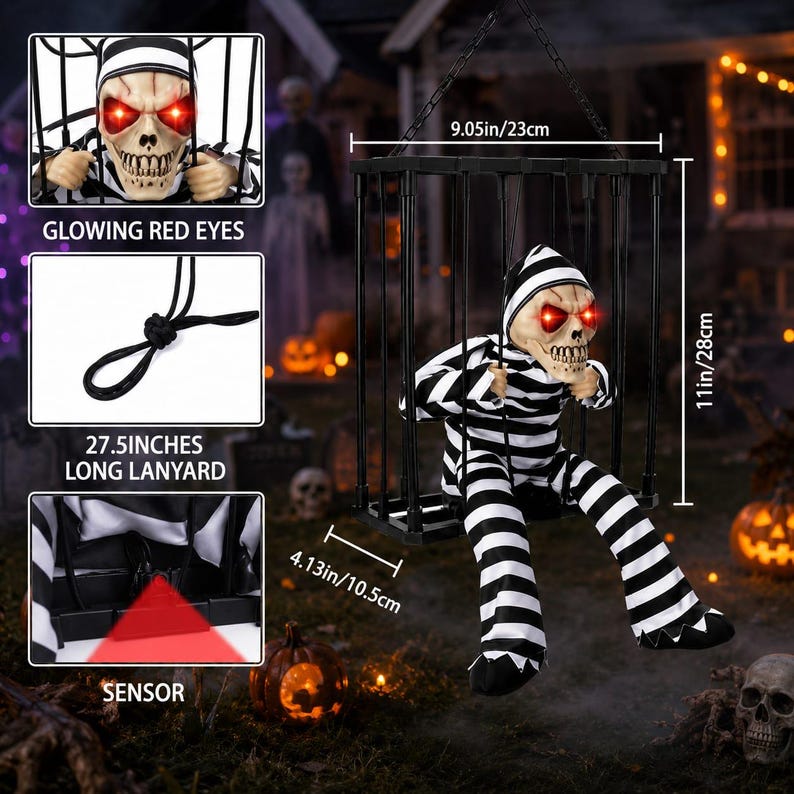 Halloween Hanging Skeleton Prisoner Animatronic, “let Me Out” Cage Prop ...