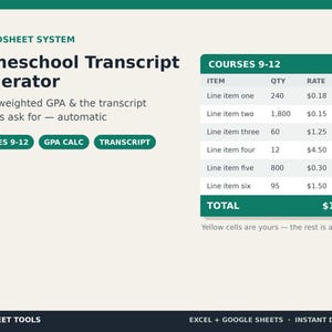 May include: A digital spreadsheet system titled Homeschool Transcript Generator. It features a table labeled Courses 9-12 with columns for item, quantity, rate, and total. Text includes Credit-weighted GPA & the transcript colleges ask for.