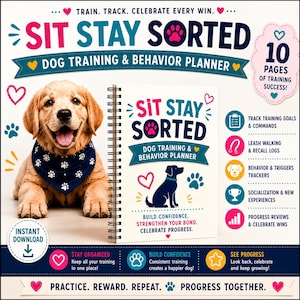 Puede incluir: Un planificador de entrenamiento y comportamiento canino con espiral titulado Sit Stay Sorted, que muestra un cachorro golden retriever con un pañuelo azul de huellas, junto a iconos para seguir objetivos y progresos.