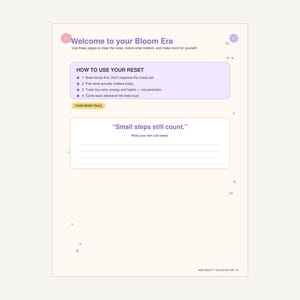 May include: A planner page titled Welcome to your Bloom Era with a light purple box containing instructions on how to use your reset, a yellow label for your reset rule, and a section with the quote Small steps still count and blank lines.