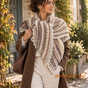 Peut inclure: Un châle triangulaire au crochet présentant un motif texturé de points noisette et de rayures verticales dans des tons crème, beige et marron. Le châle est porté sur un manteau en laine marron, un pull blanc et un pantalon crème, avec un sac à main.