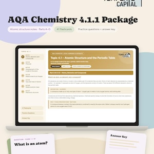 以下が含まれることがあります： Template CapitalによるAQA Chemistry 4.1.1 Packageというデジタル学習教材。原子構造のノート、41枚のフラッシュカード、解答付きの練習問題がノートパソコンの画面に表示されており、物理的なフラッシュカードのサンプルも添えられています。