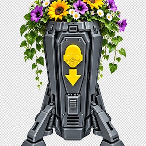 May include: A gray, mechanical-style planter with a tripod base, featuring a yellow emblem of a helmeted figure above a downward-pointing arrow. The planter is filled with a vibrant arrangement of yellow sunflowers, purple petunias, and white daisies.