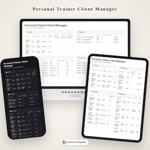 Puede incluir: Una plantilla digital de Notion para la gestión de clientes de un entrenador personal, mostrada en un monitor de escritorio, una tableta y un teléfono inteligente. La interfaz presenta tablas organizadas para clientes, programas, sesiones y pagos.
