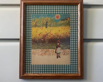 Vintage Little Red Riding Hood Art – Bernadette Illustration, Gingham Wallpaper (12.5x15.5" Frame)