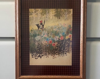 Vintage-Kunstwerk „Rotkäppchen“ – Bernadette-Illustration, karierte Tapete (12,5 x 15,5 Zoll Rahmen)