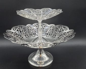 Vintage International Silver Co Lovelace patroon schaalcompotes op voet - Set van 2 stapelbare verzilverde filigraan schalen - Model 3051 & bijbehorend