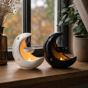 Moon Ceramic Essential Oil Burner Hanging Pot Tea Light Warmer Aromatherapy Diffuser Home Bedroom Decor Relaxing Christmas Gift Idea for Her