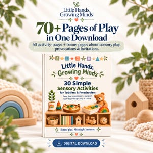Peut inclure: Un guide en téléchargement numérique intitulé Little Hands, Growing Minds 30 Simple Sensory Activities for Toddlers & Preschoolers. La couverture présente des illustrations de jouets en bois, un ours en peluche et une étagère avec divers objets.