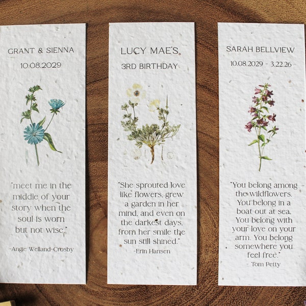 Bookmark Favors Custom Bulk | Wildflower Seed Paper | Storybook Favors | Earth Friendly Favors | Sustainable Wedding Favor