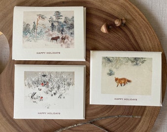 Woodland Holiday Cards Rustic Set of 3 With Envelopes