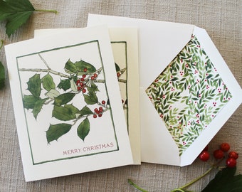 Holly Christmas Cards Set Blank Folded Holiday Cards Set of 10