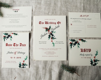 Vakantie Bruiloft Uitnodiging Suite Sjabloon | DIY Kerst Bruiloft Uitnodiging Set | Vintage kerst bruiloft uitnodiging bewerkbaar