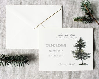 Pine Tree Wedding Save The Dates | Rustic Woodland Wedding Invitation Set | Winter Save the Date Download | Evergreen Save the Date Printed