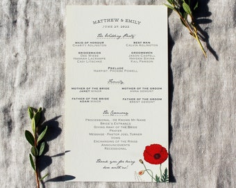 Red Poppy Wedding Invitation Programs | Floral Wedding Program Printed | Vintage Wedding Programs Digital | Spring Wedding Program Rustic