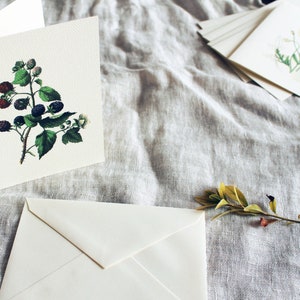 May include: Two blank white cards with a floral design on each. The card on the left features a black and green blackberry branch. The card on the right features a white flower with green leaves. Both cards are on a light gray linen fabric.