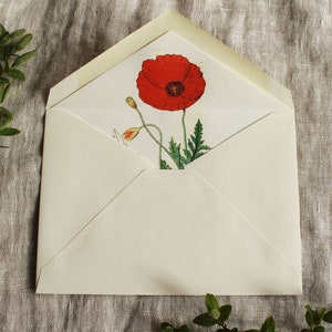 May include: A white envelope with a red poppy flower illustration on the front. The envelope is lying flat on a textured fabric surface.