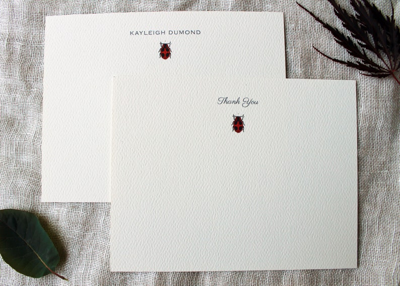 Pu&ograve; includere: Due biglietti da visita bianchi con un'illustrazione di coccinella e il testo "KAYLEIGH DUMOND" sul biglietto superiore e "Grazie" sul biglietto inferiore.