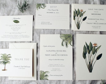 Palmen-Hochzeits-Einladungs-Reihe | Tropische Hochzeitseinladung gedruckt | Hochzeitseinladung Palme Digital | Bestimmungsort Hochzeitseinladung