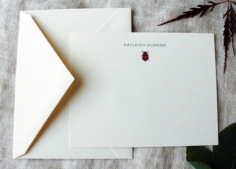 Pu&ograve; includere: Carta da lettere bianca con un'illustrazione di coccinella rossa e il nome "KAYLEIGH DUMOND" stampato in nero.