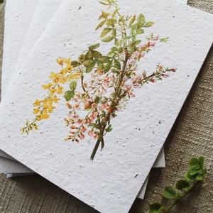 May include: A stack of white seed paper cards with a floral design featuring pink and yellow flowers. The paper has a speckled texture.
