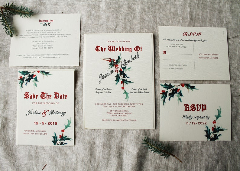 Christmas Wedding Invitation Set Winter Wedding Invitation Digital Holiday Wedding Invitations Handmade Mistletoe Decor image 2