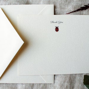 Pu&ograve; includere: Un biglietto di ringraziamento bianco con una piccola illustrazione di coccinella rossa e il testo "Grazie".