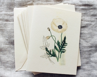 White Flower Folded Note Cards with Envelopes | 10 Poppy Greeting Cards | Flower Greeting Card | Floral Note Cards | Thank You Cards