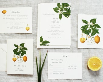Lemon Wedding Invitation Set | Citrus Wedding Invitation Digital | Botanical Handmade Wedding Invitations | Rustic Barn Wedding Decor