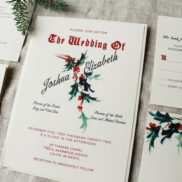 Christmas Wedding Invitation Set | Winter Wedding Invitation Digital | Holiday Wedding Invitations Handmade | Mistletoe Decor