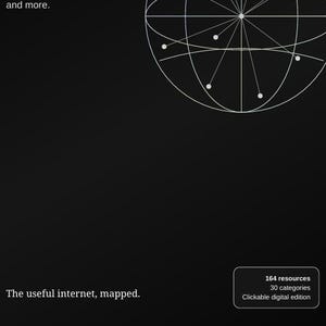 May include: A black digital graphic featuring a white line-art globe with nodes, the text "and more.", "The useful internet, mapped.", and a box containing "164 resources", "30 categories", and "Clickable digital edition" in white sans-serif font.