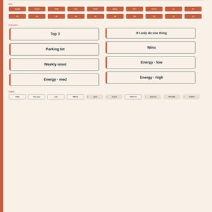 May include: A digital sticker sheet titled Working Memory with a light cream background and dark red accents. It features navigation buttons, phrase labels like Top 3 and Weekly reset, and small chips labeled Today, This week, and others for planning.