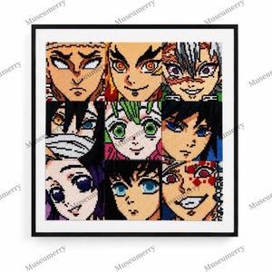May include: A square framed wall art piece featuring a grid of nine distinct anime-style character faces. Each square displays a close-up portrait with vibrant colours, including shades of red, yellow, green, blue, and black, rendered in a pixelated style.