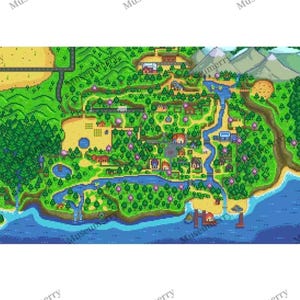May include: A pixel art map illustration featuring a sprawling landscape with green forests, a winding blue river, a sandy beach, and snow-capped mountains. The scene includes various small buildings, paths, and trees scattered across the terrain.