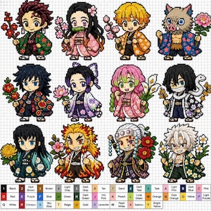 May include: A cross-stitch pattern featuring twelve chibi-style anime characters arranged in a grid, each holding a different flower. Below the characters is a color legend with alphanumeric codes corresponding to specific thread colors for the design.