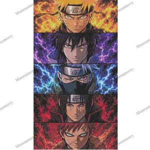 May include: A vertical wall art print featuring five stacked panels of anime characters. From top to bottom: Naruto with yellow hair and orange flames, Sasuke with black hair and purple lightning, Kakashi with blue lightning, Itachi with red energy, and Gaara with red sand.