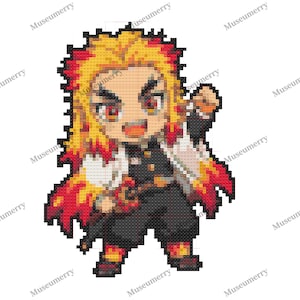 May include: A pixel art character design featuring a figure with spiky yellow and red hair, wearing a black uniform and a white cape with red flame-like patterns at the bottom. The character has a determined expression and holds a sword.