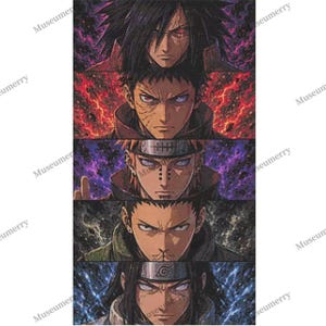 May include: A vertical wall art print featuring five stacked anime character portraits. Each character has distinct facial features, including unique eye colors and headbands, set against vibrant, textured backgrounds of purple, red, and blue energy.