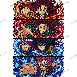 May include: A pixel art style cross stitch pattern featuring four stacked panels of anime characters. The top two panels show a character with long dark red hair and a sword surrounded by flames. The third panel shows a character with dark hair and a sword surrounded by blue water. The bottom panel shows a character with pink hair and blue markings surrounded by blue energy.