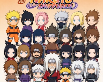 May include: A digital illustration featuring the Naruto Shippuden logo at the top, followed by a large group of chibi-style characters from the series. The characters are depicted with oversized heads and small bodies, wearing various ninja outfits.