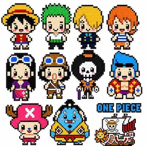 May include: A collection of twelve pixel art characters and a ship from One Piece. The figures include various individuals with distinct hair colors, outfits, and accessories, alongside a small ship featuring a skull and crossbones flag.