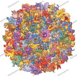 May include: A circular cross-stitch pattern featuring a dense, colourful collage of numerous pixelated creatures in various poses, including shades of yellow, purple, blue, red, and green, arranged in a compact, interconnected composition.
