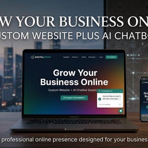 Op de afbeelding: Een laptop en een smartphone tonen een website met de tekst GROW YOUR BUSINESS ONLINE CUSTOM WEBSITE PLUS AI CHATBOT. Het scherm toont een digitale interface met een chatvenster en de koptekst Grow Your Business Online.