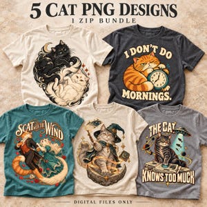 Könnte beinhalten: Ein digitales Paket mit 5 T-Shirt-Designs zum Thema Katzen. Die Grafiken zeigen ein schwarz-weißes Katzenpaar, eine orangefarbene Katze mit Wecker, ein tanzendes Katzenpaar, eine Zauberer-Katze und eine Katze, die ein UFO beobachtet.