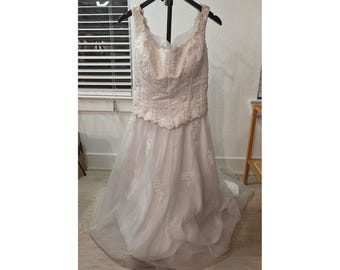 May include: A sleeveless, floor-length gown in a pale blush tone featuring a fitted bodice with intricate white floral embroidery and a scalloped hemline. The skirt is made of layered, sheer fabric with scattered white floral embroidery accents.